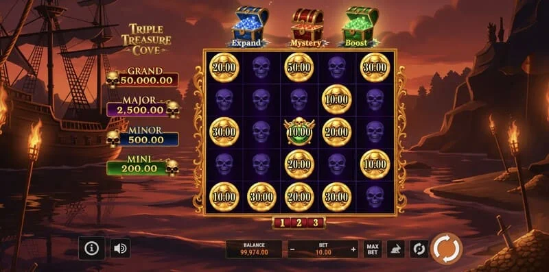 Triple Treasure Cove - η κύρια οθόνη με τους τροχούς και τον πειρατικό κόλπο